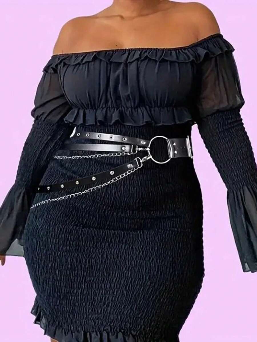 1 件女士加大码性感黑色腰带链，哥特式束腰带，带铆钉和流苏，适合日常、通勤、音乐节、万圣节派对、秋季庆典、万圣节 - 黑色 - 查看 1
