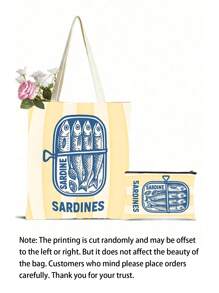 1PC Women's Reusable Tote Bag, Handbag And Cosmetic Bag Set - Colorful Minimalist Pink And Green Striped Sardines Can Print Polyester Shopping Bag, Fixed Shoulder Strap Design, Suitable For Beach, Picnic, Grocery And Food Storage, Foldable Tote Bag, Multi-Function, Multi-Purpose, Large Capacity, - Multicolor - View 6