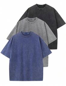 3 PCS Solid Color T-Shirts Fashion Retro Men's T-Shirts 230g Heavyweight Cotton Dropped Shoulder Design Unisex Short-Sleeve T-Shirts For All Seasons Casual Occasions Gift For Boyfriend 100% Pure Cotton Streetwear Designed For Young People Ideal Gift Between Friends Men's Clothing Men's T-Shirts - 黑色+灰色+藍色 - 查看 1