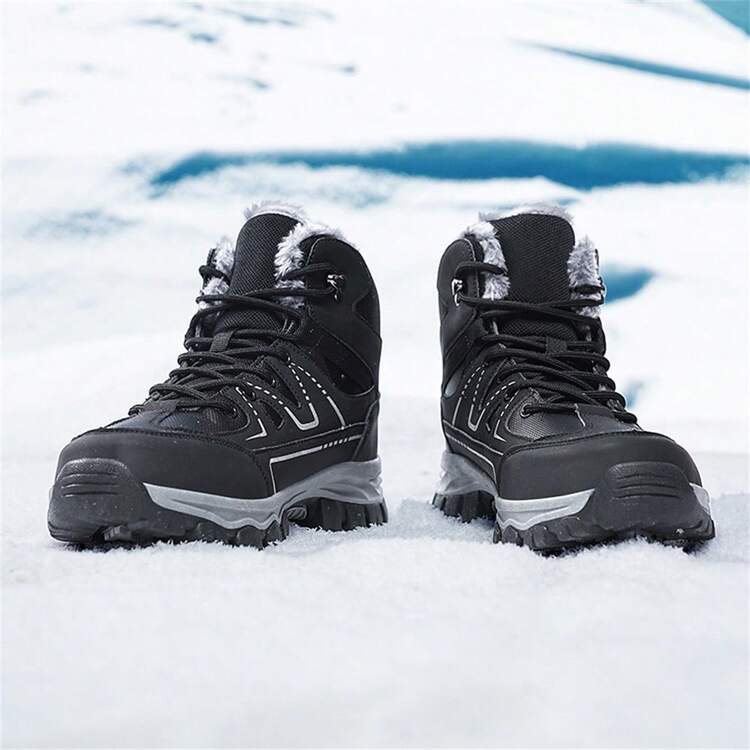男士登山靴，秋冬户外运动高帮鞋/靴子，PU皮革防水雪地靴，徒步靴，户外露营探险狩猎徒步靴，男士冬靴/鞋，防滑耐用靴子，黑色/棕色系带户外运动安全鞋/工作靴，尺码39-47，适合秋冬户外穿着 - 黑色 - 查看 7