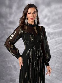 YISIKADO Women Elegant Dress Sequin Contrast Chiffon Glittery Dress High Neck High-Waisted Lantern Sleeve Birthday Party Wedding Guest Banquet Dinner Graduation Dinner Ceremony Celebration Ceremonial Dress - 彩色 - 查看 6