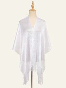 1pc Shiny Silver Thread Flat Shawl With Clasp, Suitable For Brides, Formal Dances, Paired With Evening Gowns, Graduation Ceremonies - White - View 5