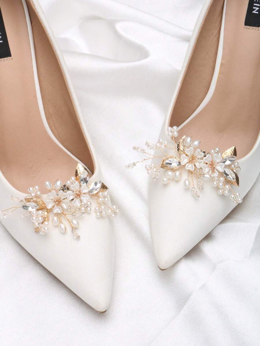 2pcs Detachable DIY Shoe Accessories, Artificial Crystal Moon & Flower Metal Decor, Elegant & Fashionable For Women Heels, Shoes, Pumps, Bridal Shoes, Date Shoes, Wedding Shoes - Gold - View 1