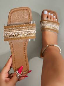 1 Pair Wide Fit Women's Vacation Style Rhinestone Flat Slip-On Slippers, Comfortable For Outdoor Wear - Brown - View 2