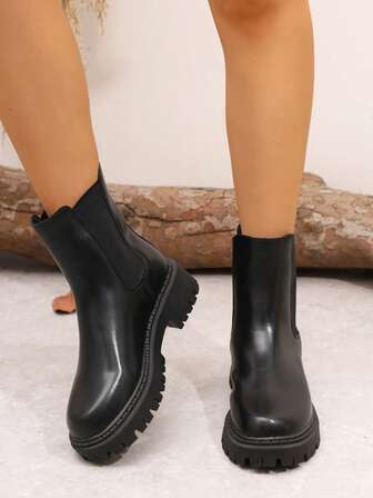 Women's Upgraded Elastic Boots, British Style New Korean Version Motorcycle Boots, Black Thick Sole Outdoor Ankle Boots