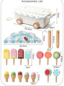 Expositor de madera en forma de carrito de helados, helados/paletas danesas nobles, juguete educativo de juego de roles para niños - Multicolor - Ver 11