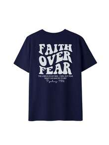 1pcs Plus Size Women's T-Shirt, Printed With "FAITH OVER FEAR" And Bible Verse Designs On The Back, Suitable For Church Services, Religious Activities - 藏蓝色 - 查看 5