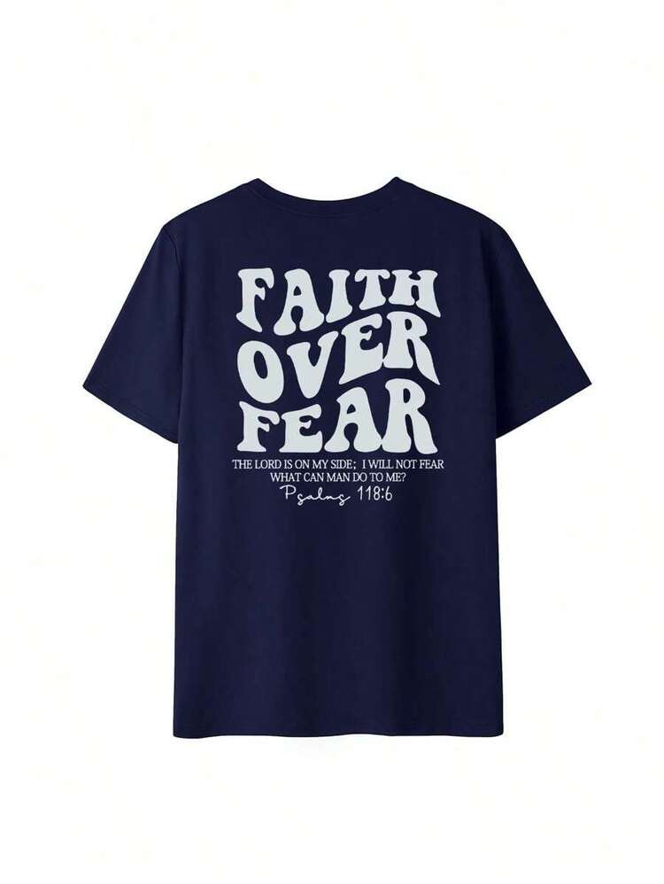 1pcs Plus Size Women's Oversized 100% Cotton T-Shirt, Printed With "FAITH OVER FEAR" And Bible Verse Designs On The Back, Suitable For Church Services, Religious Activities, And Daily Commuting, Showcasing The Power Of A Strong Faith - Màu xanh hải quân - Xem 5