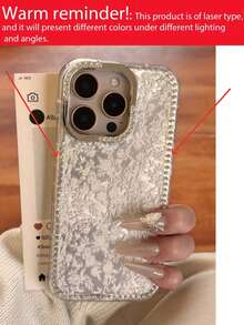 Full Screen White Flower Floral Glitter Glacier Pattern Phone Case Compatible With IPhone 16 15 14 13 Pro Max Creative Rhinestone Border Shockproof Anti Drop Protective Cover - White Florals - View 5