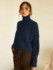 Knit Mix Áo len nữ cổ cao dáng rộng, thích hợp cho mùa thu/đông, áo chui đầu tay dài dày dặn, thiết kế họa tiết đồng xu cổ điển, thời trang đa năng cho Giáng sinh, Năm mới, Ngày lễ tình nhân, mùa tựu trường. - Hải quân - Xem 4