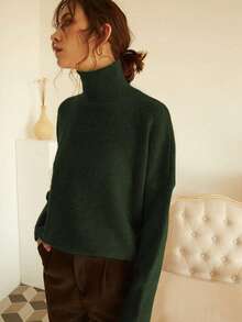 Knit Mix Áo len nữ cổ cao dáng rộng, thích hợp cho mùa thu/đông, áo chui đầu tay dài dày dặn, họa tiết đồng xu cổ điển tối giản, thời trang đa năng cho Giáng sinh, Năm mới, Ngày lễ tình nhân, mùa tựu trường. - xanh quân đội - Xem 7