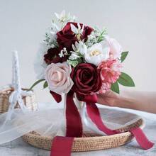 Dusty Blue Wedding Bouquets For Bride Bridesmaid, White Wedding Artificial Roses Flowers For Wedding Bouquets Ceremony, Anniversary - Burgundy & Blush - View 8