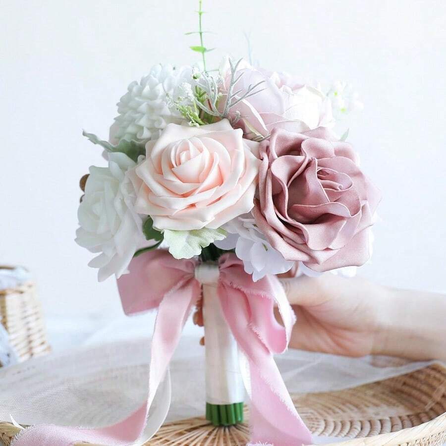 Dusty Blue Wedding Bouquets For Bride Bridesmaid, White Wedding Artificial Roses Flowers For Wedding Bouquets Ceremony, Anniversary - Dusty Rose & Blush - View 1