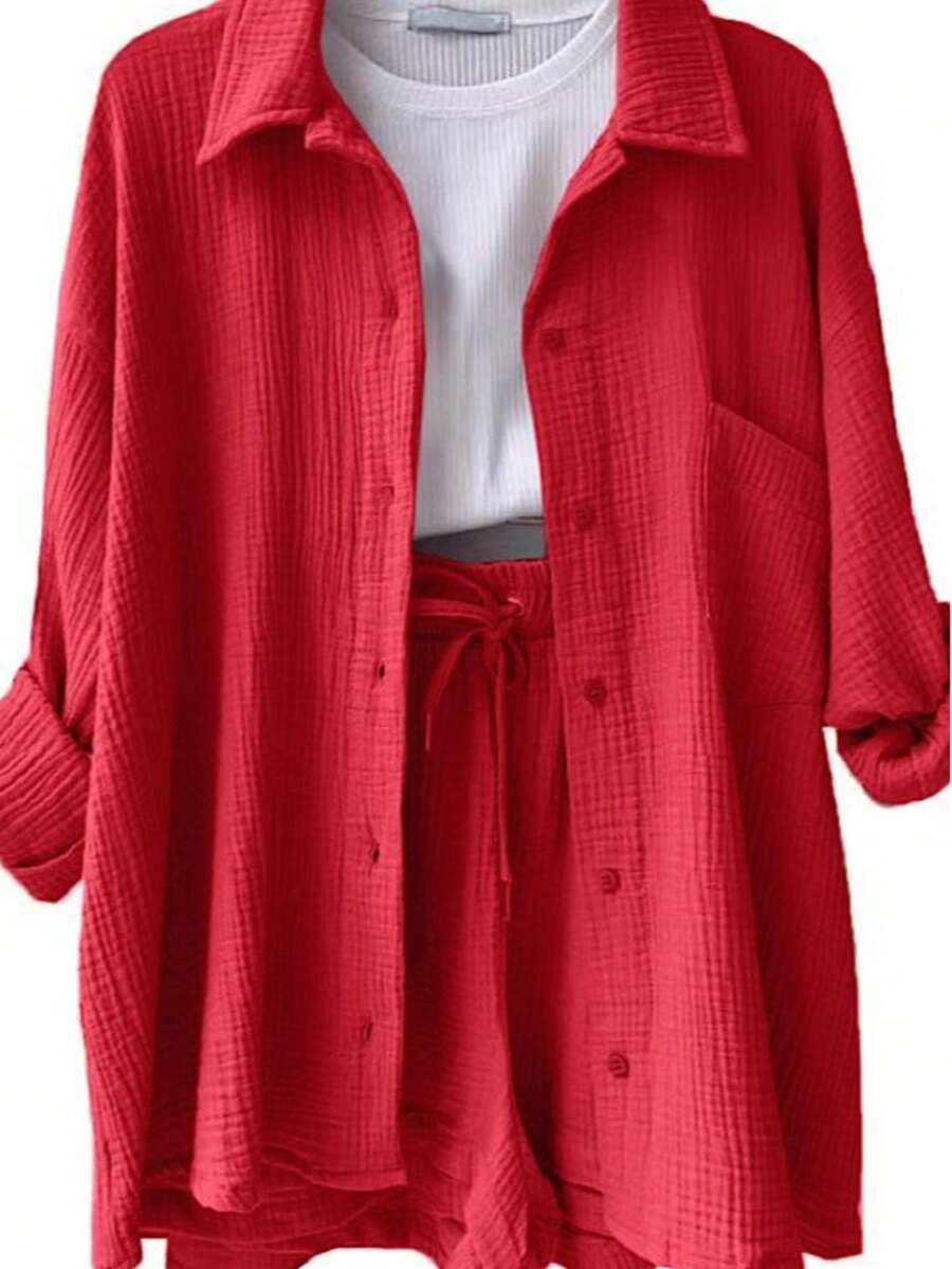 Plain    Casual    Button Front  Button    Home - 紅色 - 查看 1