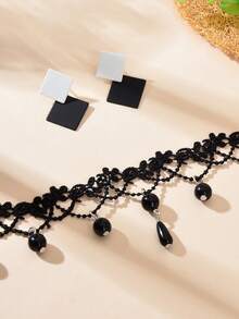 三件套时尚首饰套装：黑色镂空蕾丝颈链和黑白方形耳钉 - 黑與白 - 查看 4