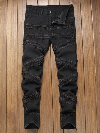 Men Fashion Embroidered Fringe Jeans, Teenage Street Fringe Jeans, Men Casual Straight Leg Fringe Jeans, Grunge