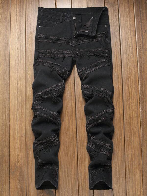 Men Fashion Embroidered Fringe Jeans, Teenage Street Fringe Jeans, Men Casual Straight Leg Fringe Jeans, Grunge