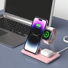 三合一可折叠无线充电器，快速无线充电站支架底座，兼容 17/16/15/14/13/12/11/Pro/Max/Mini/8/Plus/X/XR/XS/SE， Ultra2/Ultra/9/8/7/6/5/4/3/2/1/SE，以及 3/2/Pro2/Pro - 粉色 - 查看 4