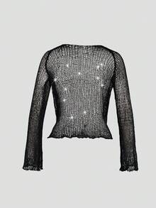 Yuwenier Sexy Sheer Mesh Sequin Crochet Batwing Long Sleeve Loose Cover Up, Carnival Party - Black - View 8