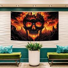 1pc 3x5 Ft Halloween Banner Flag - Burning Skull With Glowing Eyes, Indoor/Outdoor Spooky Decor, Gothic Style For Haunted House Party - Durable Polyester Flame Banner, No Power Needed, Easy Hanging Hooks, Terrifying Design, Sturdy Construction, Party Prop, Halloween Decoration