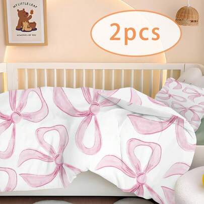 Bộ ga trải giường cho bé 1/2 món họa tiết nơ hồng - Bộ vỏ chăn mềm mại, ga trải giường chủ đề cổ tích cho phòng trẻ sơ sinh, phù hợp cho bé gái, thiết kế nơ hồng dễ thương hai mặt, bộ ga trải giường ngọt ngào cho bé sơ sinh.