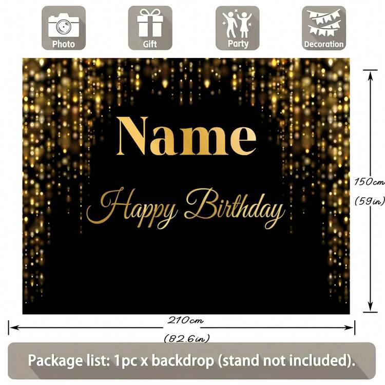 Black & Gold Glitter Polka Dot Gold Crown "Happy Birthday" Personalized Name Design Birthday Party Cake Table Decor Backdrop, Vinyl Photography Prop ,Travel Organizer - Unreal Gold - View 5