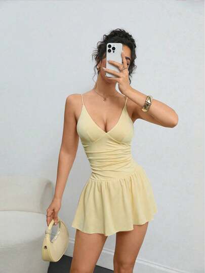 Vestido corto de punto de un solo color con shorts incorporados, informal y sexy para vacaciones, calle y uso diario