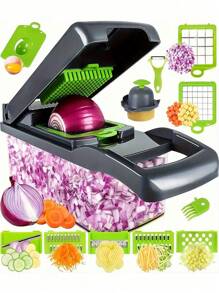 16pcs Vegetable Chopper, Multifunctional Fruit Slicer, Manual Food Grater, Household & Outdoor Camping Vegetable Slicer With Container, Onion Chopper, Potato Shredder, Kitchen Gadget, Manual Food Processor With Interchangeable Blades