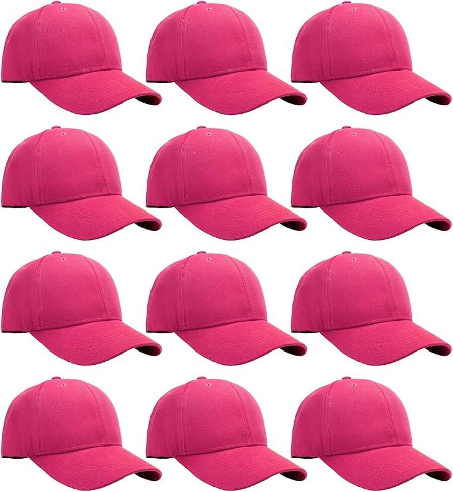 Bulk Lot 12-Pack Adjustable Size Plain Blank Solid Color Baseball Caps - Hot Pink - View 1