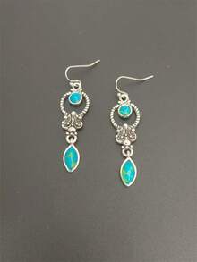 1 Pair Vintage Bohemian Style Geometric Long Earrings, Jewelry Gift Suitable For Women's Daily, Party, Travel Wear - Antique Silver - View 3