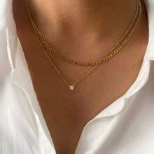 不锈钢防水不褪色费加罗链项链，配单钻吊坠，双层颈链，适合女士日常佩戴 - 金色 - 查看 2