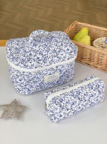 1 pieza Bolsa acolchada de gran capacidad con estampado floral azul de uso múltiple, bolsa de maquillaje de moda y casual con cremallera portátil, esencial para viajes, almacenamiento de papelería, vacaciones, cosméticos, productos de belleza, decoración del hogar, para mamá, mujeres, enfermeras, estudiantes, niñas escolares, llaves, regalos festivos