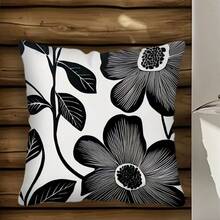 MEMNUN 1pc, Modern Black And White Floral Printed Pillowcases - Machine Washable, Zip Closure Cushion Cover With Simple Flower Design, 17.7 X 17.7 Inches, Decorative Throw Pillow Covers For Sofa Couch Living Room Bedroom (Without Fill) Pillow Case Room Decor Pillow Cases Cushion Covers