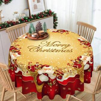 1pc Christmas Theme Polyester Tablecloth, Round Diameter 145cm (57.08inch), Rectangular 140x180cm (55.11inch X 70.87inch), Christmas Tablecloth With Santa Claus Backpack Gift, Snowflake And Red Background Design, Suitable For Home, Restaurant, Kitchen Or Holiday Party, Christmas Decor For Dining Table
