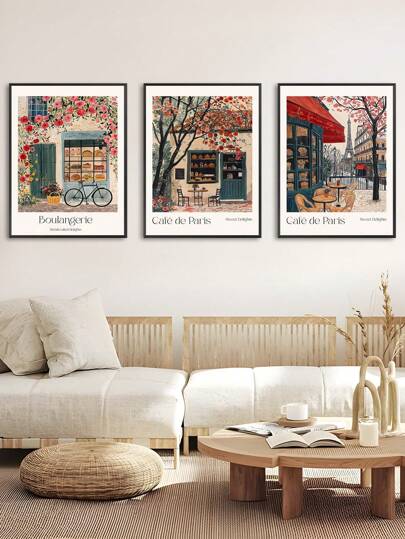 1pc Fall Cafe Bakery Art Print, Vintage French Pumpkin Wall Decor, Autumn City Cafe Art Gift, Cozy French Boulangerie Wall Art Print, Romantic Bakery, French Cafe In Summer Time, Charming Pink Watercolor Wall Art