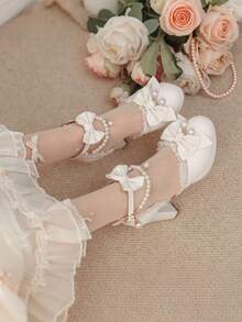 Block Chunky High Heels Pumps For Women Cute Bow Ruffle Ankle Strap Pearl Chain Platform Lolita Style Pumps Woman - 白色 - 查看 3