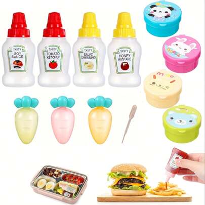 12个便携式卡通瓶盖调味瓶，适用于午餐盒、厨房和家用便携式调味瓶，适合一次性分装使用，是露营和午餐盒的完美调味瓶（贴纸随机）。