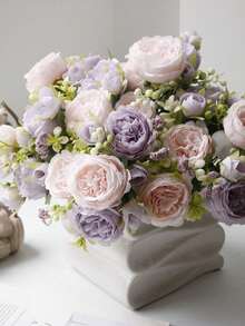 1 buchet de flori artificiale mixte cu trandafir, hortensie, bujor, ideal pentru cadou de Ziua Îndrăgostiților, nuntă, petrecere de ziua de naștere, decorare interioară, flori conservate care nu necesită întreținere