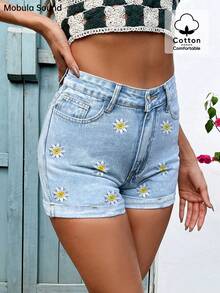 Fashion Casual Rolled Hem Denim Shorts For Women, Embroidered Daisy Elastic Waist, Suitable For Spring/Summer Vacation