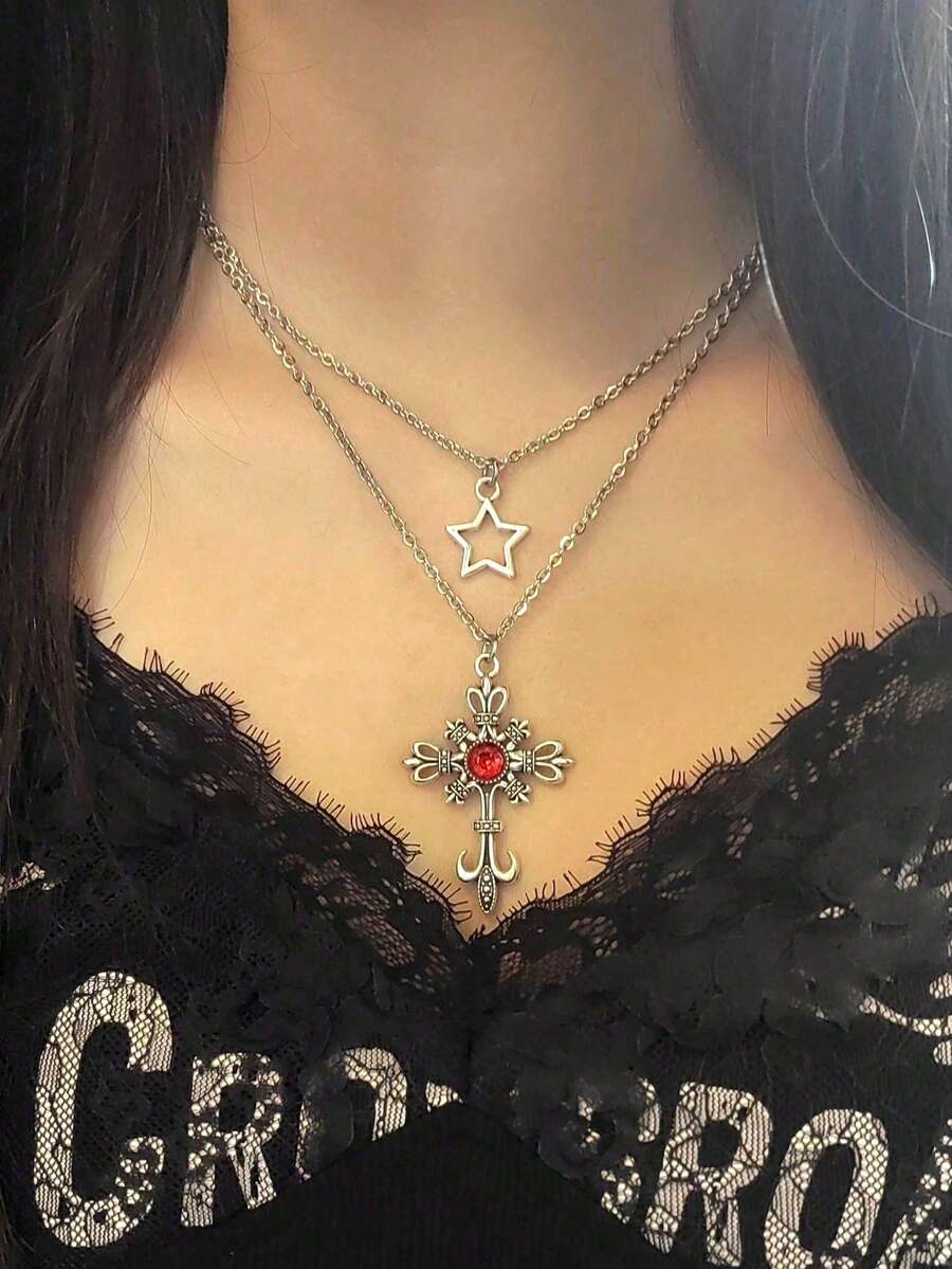 2pcs Gothic Punk Style Star, Rhinestone Cross & Heart Pendant Necklaces, Layered Wear, Elegant & Fashionable Jewelry For Women - Silver - View 1