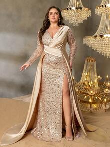 Elisanya Curve Plus Women's V-Neck Long Sleeve High Slit Fishtail Formal Evening Gown | Elegant Design - Champagne - View 5