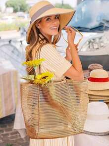 Bolso de malla de nailon para viajes a la playa, bolso de mano y de hombro casual, plegable para mujeres, adecuado para la playa, picnics y vacaciones, disponible en varios colores