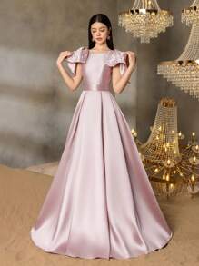 Alisa&Leo 少女缎面晚礼服，肩部饰有珍珠蝴蝶结，适合毕业舞会、婚礼宾客、正式晚宴和盛大晚宴等正式场合。 - 香檳色 - 查看 7