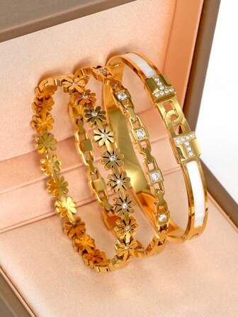 18K Gold Plated Stainless Steel Daisy & Lock Bracelet, Suitable For Women's Daily Wear, Classic European & American Floral & Letter Lock Design, Cubic Zirconia Inlaid, Luxurious Jewelry, Wedding Wrist Jewelry Set, Gift For Girls, Women, Moms, Relatives, Friends, Beautiful Wedding, Birthday, Mother's Day, Girlfriend Valentine's Day