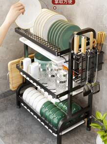 高品质三层碳钢碗碟晾干架，大容量厨房用具收纳架，干湿分离，防锈碗碟架，带餐具架、砧板架、碗架、杯架和排水管