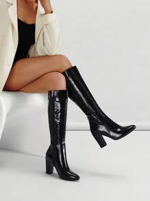 Women's Fashionable Retro Black Knee-High Boots With Chunky Heels, Leather Material With High Reflectivity For Stylish & Comfortable Wear, Suitable To Pair With Leather Jackets, Coats, Knit Dresses, Shorts For Commuting, Dating, Outings, Holiday Gatherings