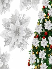 10pcs Shiny Flower Petals Decor, Artificial Poinsettia Flower Wreath, Christmas Tree Decoration, Suitable For Christmas, New Year, Wedding, Party - Multicolor - View 14