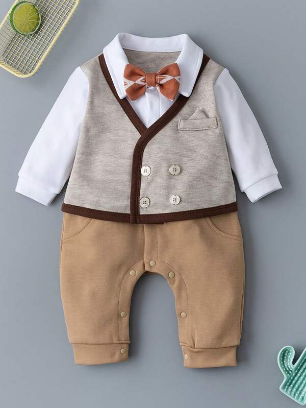 Pelele de manga larga para recién nacido con estilo de caballero y moño, cómodo de usar, adecuado para bodas, aniversarios, fiestas y otras ocasiones