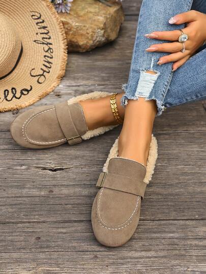 2024 New Preppy Style Buckle Warm Loafers For Women, Vintage Breathable Driving Shoes, Faux Fur Moccasins, Slip-On Casual Flat Shoes For Work