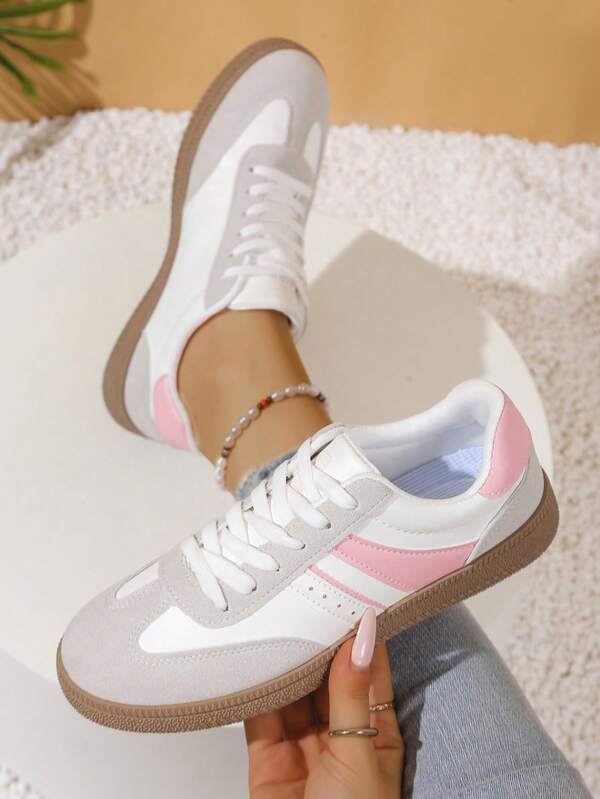 Women's Casual Sports Shoes, Solid Color Casual PU Leather Lace-Up College Style, Suitable For School, Outdoor, Office, All Seasons, Back To School, Comfortable Minimalist Casual Work Commute Flats
